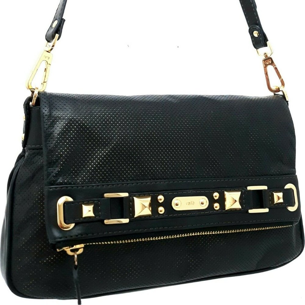 Rafe Black Leather Gold Studs Crossbody Bag Clutch